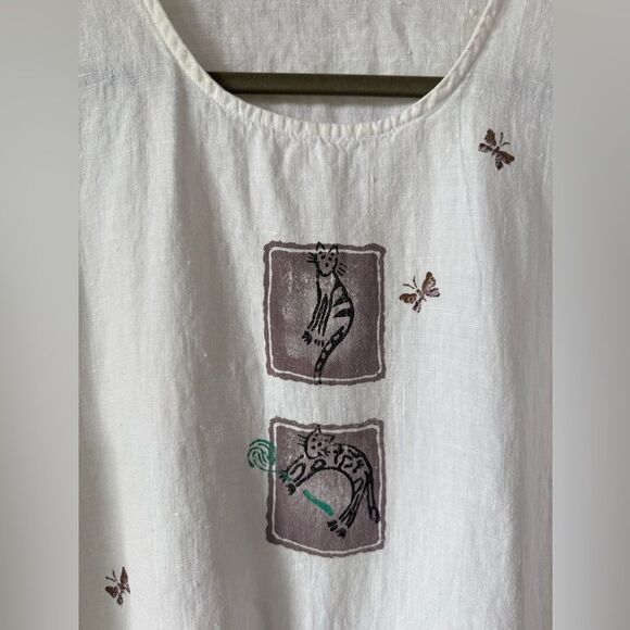 Vintage 80s Focus USA 100% Linen Top Tunic Cat Butterfly Print Sz M* Coastal - Picture 2 of 7
